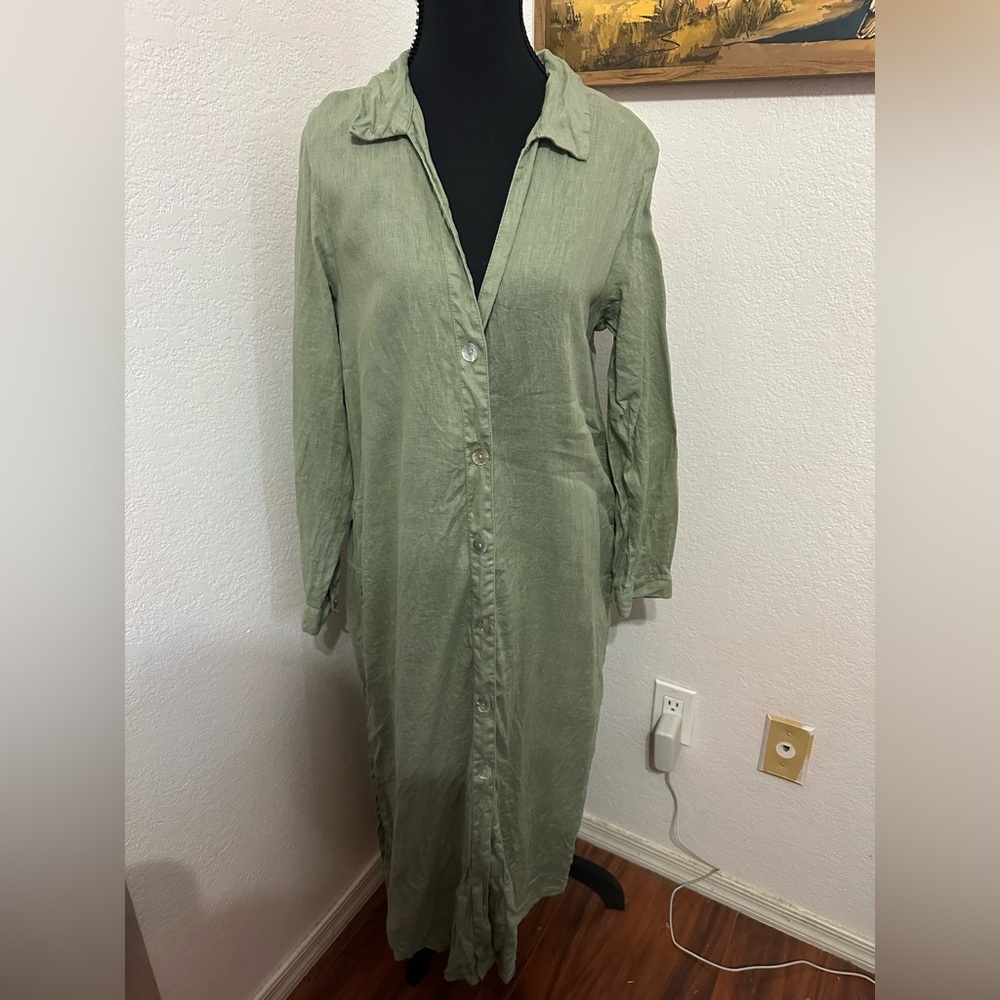 Zara Linen Button front shirt midi dress Sage Green - XS - Picture 4 of 9